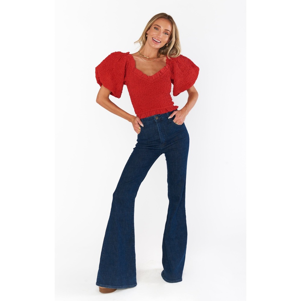 Show Me Your Mumu Rom Com Top Women Red Smocked Puff Sleeve Romantic XS